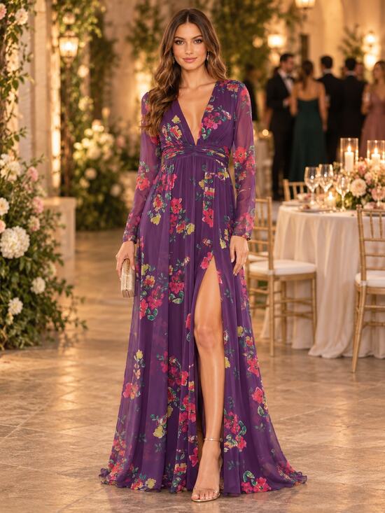 Mac Duggal Dresses & Skirts - New with Tags Mac Duggal 68558 Purple Floral Chiffon Plunge Slit Gown Size 4